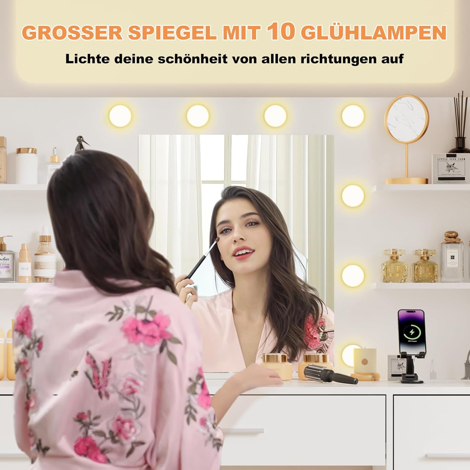 Airfish Große Schminktisch mit LED-Beleuchtung, Einstellbarer Helligkeit, Frisiertisch mit Spiegel, 7 Schubladen und Steckdose,4 Ablagen, Modern, für das Schlafzimmer (Weiß)