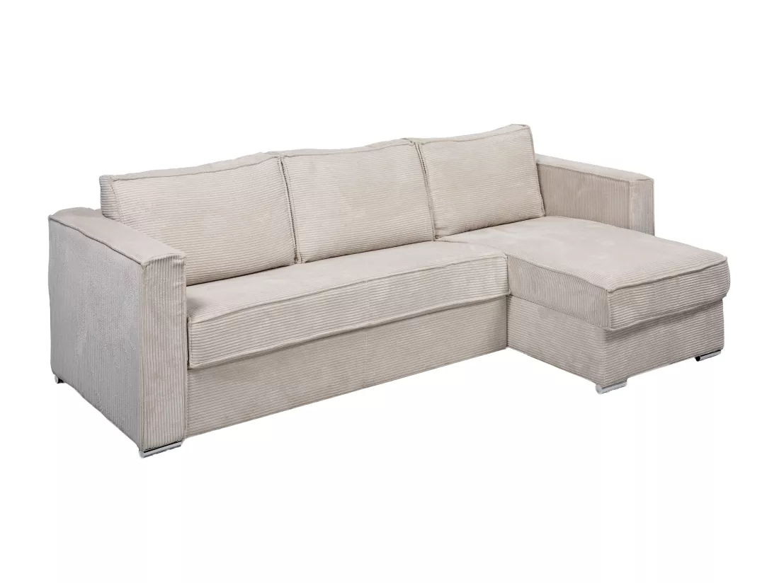 Canapé d'angle convertible express et réversible en velours côtelé beige - Couchage à lattes larges 140 cm - Matelas 14 cm LORETO