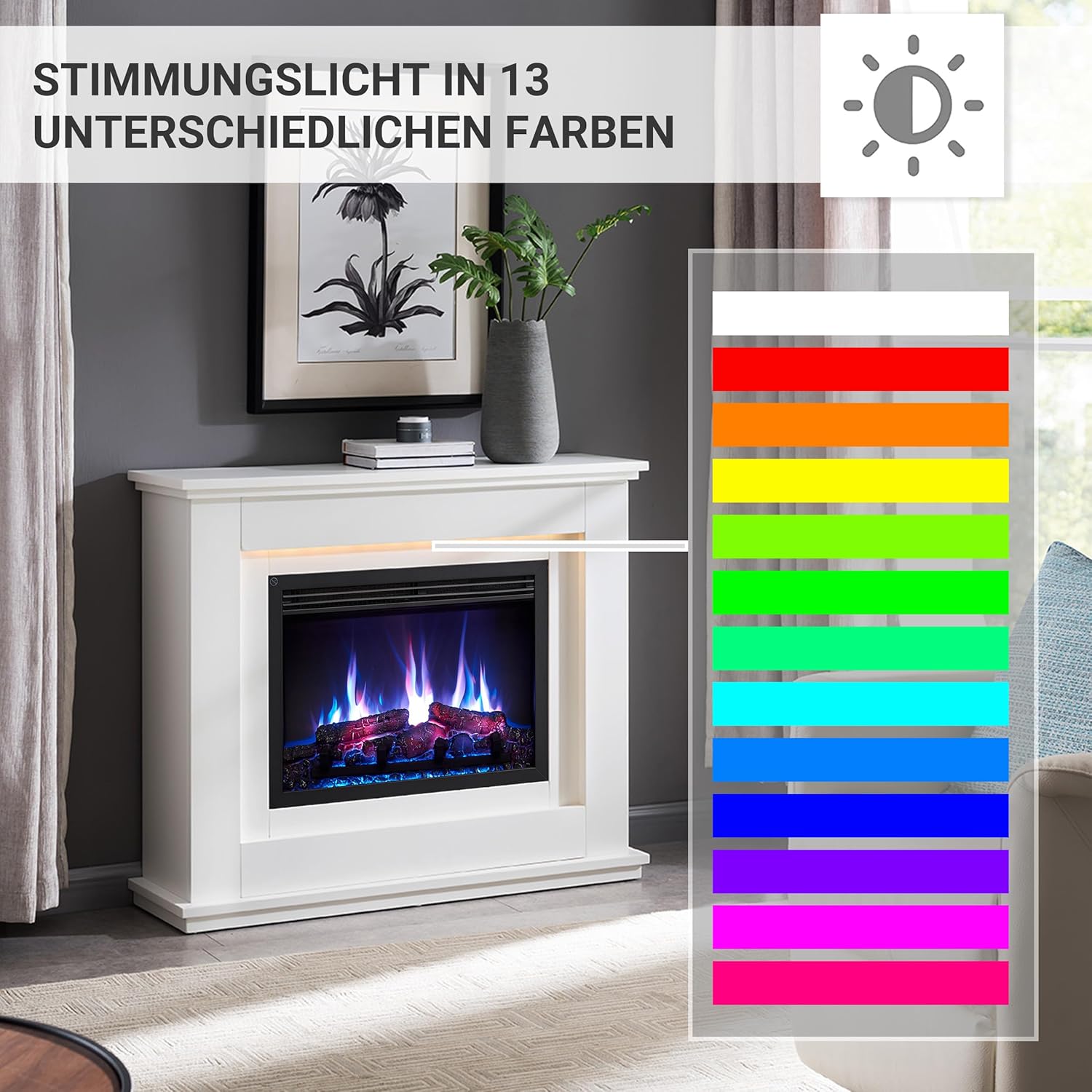 BALDERIA Baldur Elektrokamin - Standkamin mit Heizung bis 2000W, 3D-Flammeneffekt, LED-Beleuchtung, Knister-Sound, App-Steuerung, WiFi, Fernbedienung, Timer, Thermostat - Weiß