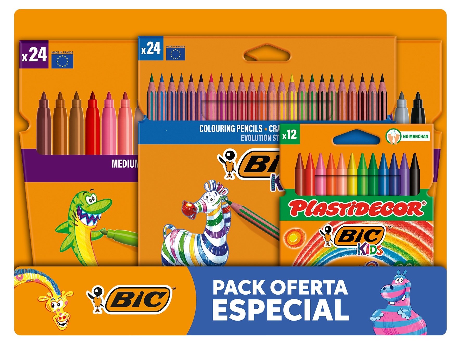 PACK ECONOMICO BIC KIDS 24 LAPIS COR   12 LAPIS CERA   24 CANETAS FELTRO