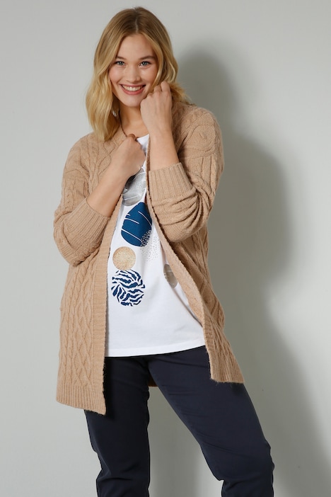 Strickjacke, Zopfmuster, offene Form, Langarm