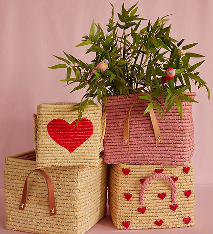 Rice Aufbewahrungskorb - Raffia - 30x30x25 cm - Natur m. Herzen