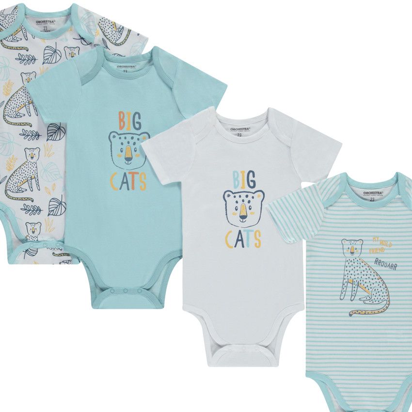 Lot de 7 bodies manches courtes motifs félins pour bébé garçon avec ouvertures différentes selon l'âge - Bleu