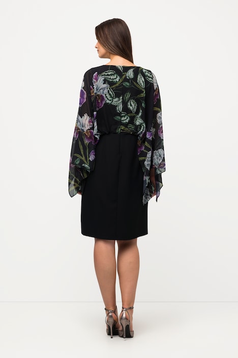 Kleid, Blüten, Chiffonärmel, V-Ausschnitt, Langarm