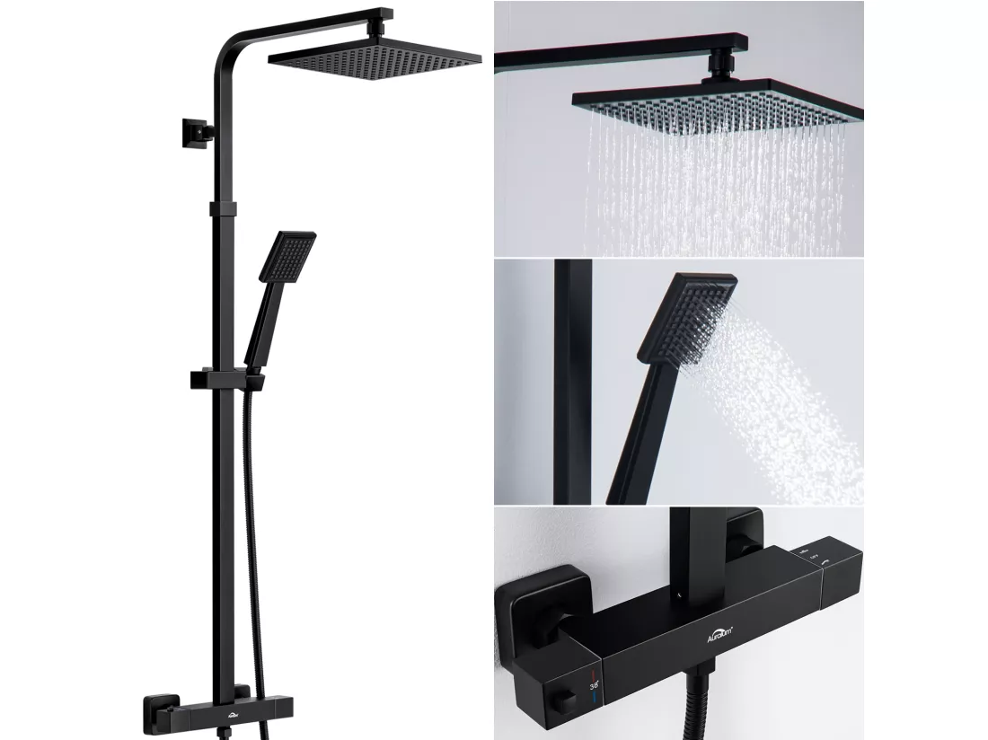 AURALUM MAX Colonne de Douche Thermostatique Noir,Réglable Hauteur,avec mitigeur+Porte-Serviettes de Salle de Bain,Auto-adhésif/ Perçage,60CM,en INOX