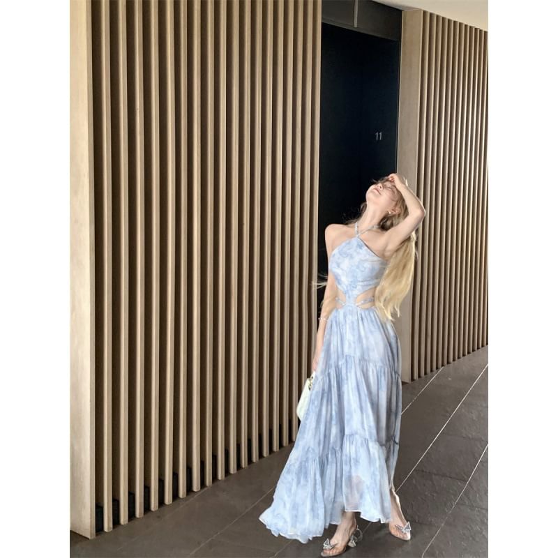 Morning Glory - Spaghettibandjes Tie Dye Halterhals Cutout Maxi A-lijn Jurk