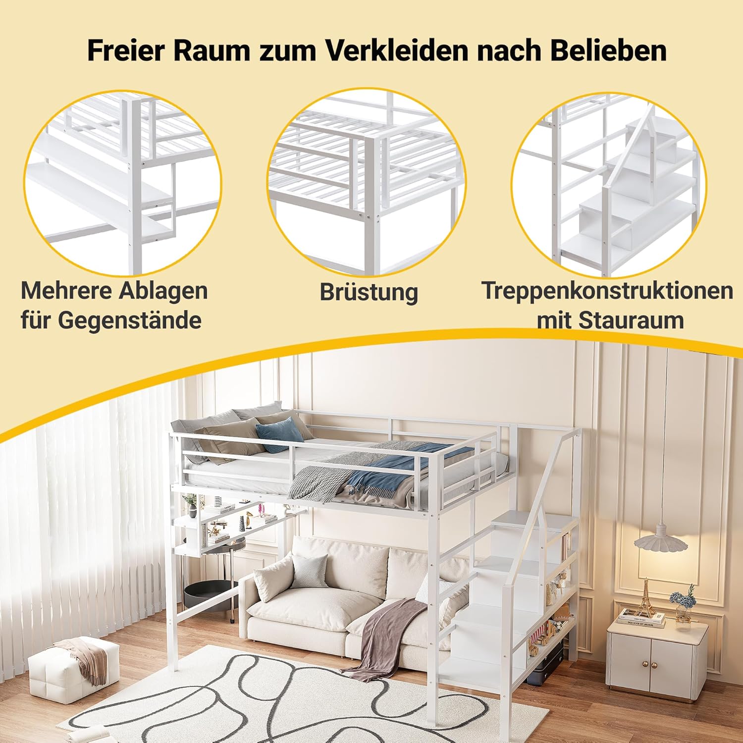 Metall Hochbett 140 * 200cm, Freiraum unter dem Bett, Etagenbett Hoch mit Regale, Ablagetreppe, Erwachsene&Jugendzimmer, ohne Matratze (Weiß, B)