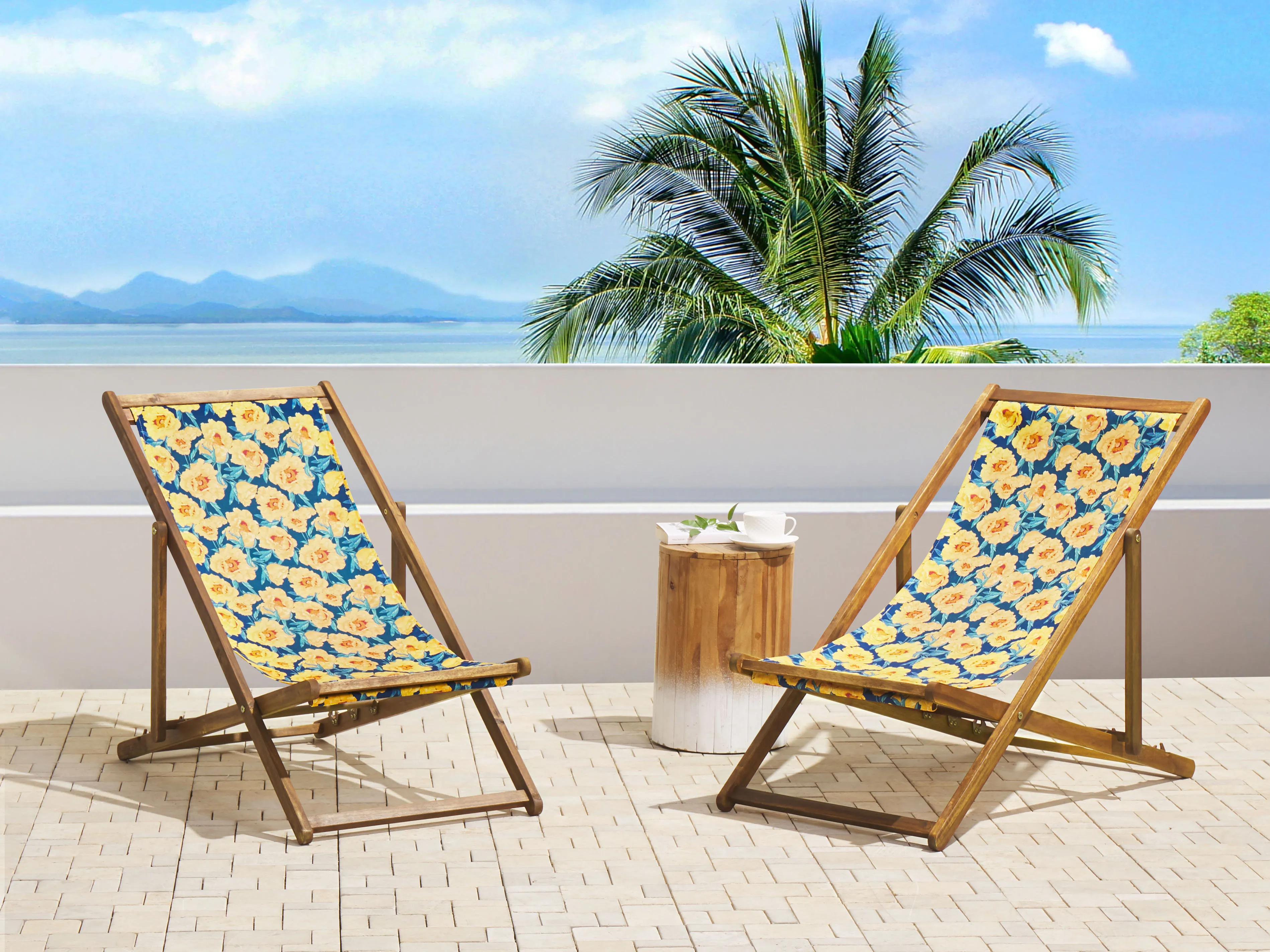Set van 2 inklapbare ligstoelen ANZIO met vervangingshoezen Bloemen motief Acaciahout Lichtbruin