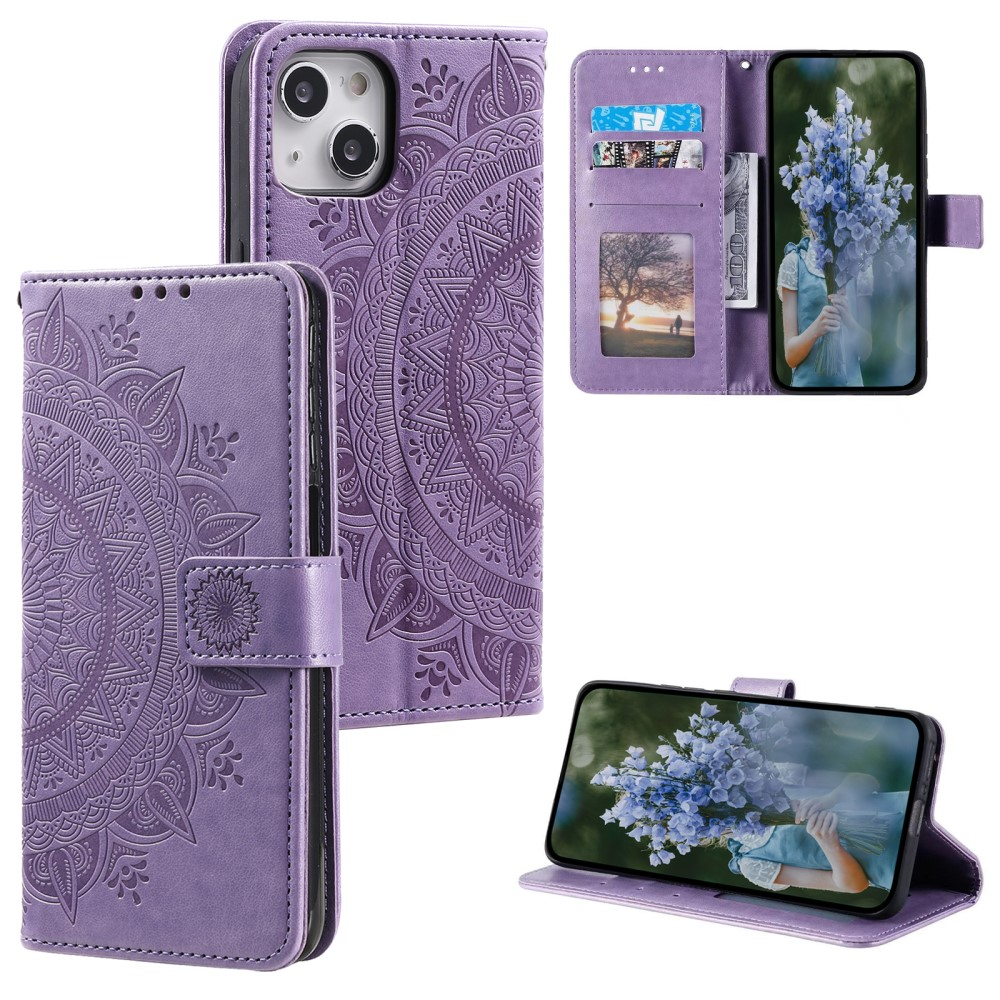 iPhone 15 Leder Tasche Wallet - Mandala Flowers Imprint - Lila