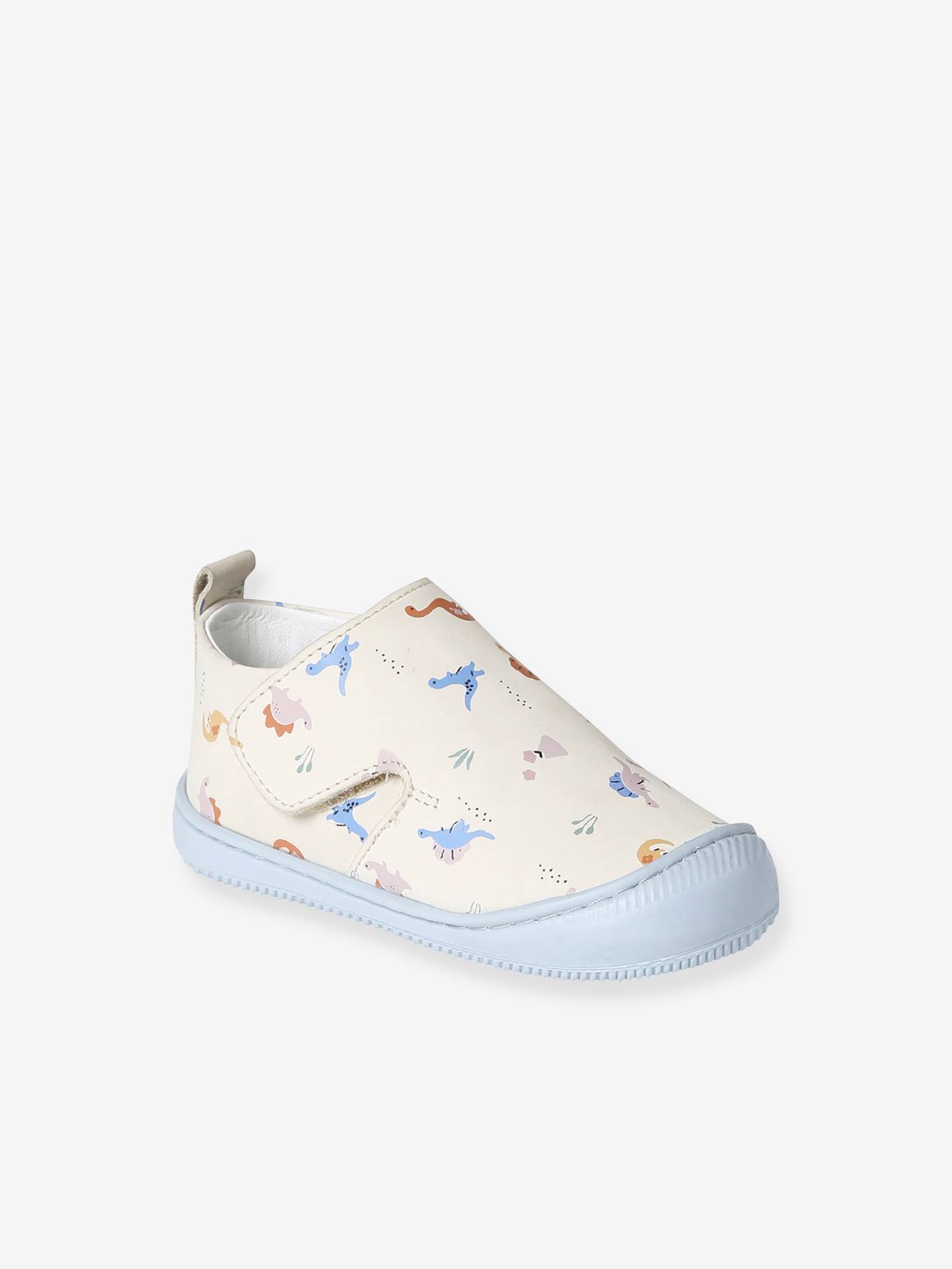 Sapatinhos de bebê em couro macio com fecho de velcro, azul-acinzentado.
