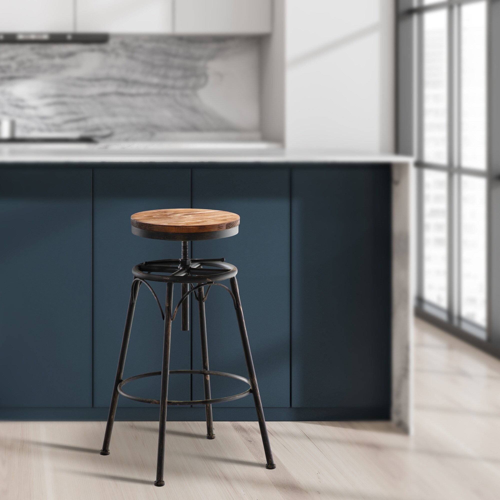 CLP 2er-Set Barhocker Beam Mit Holzsitz Und Metallgestell I Sitzhocker mit runder Sitzfläche I Höhenverstellbar Drehbar