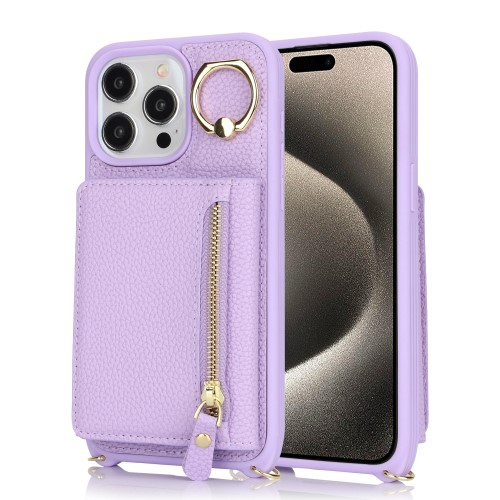iPhone 14 Pro Necklace Leder Hülle mit Münzfach und Kartenfächer   Finger Griff Halterung   Handykette - Lila