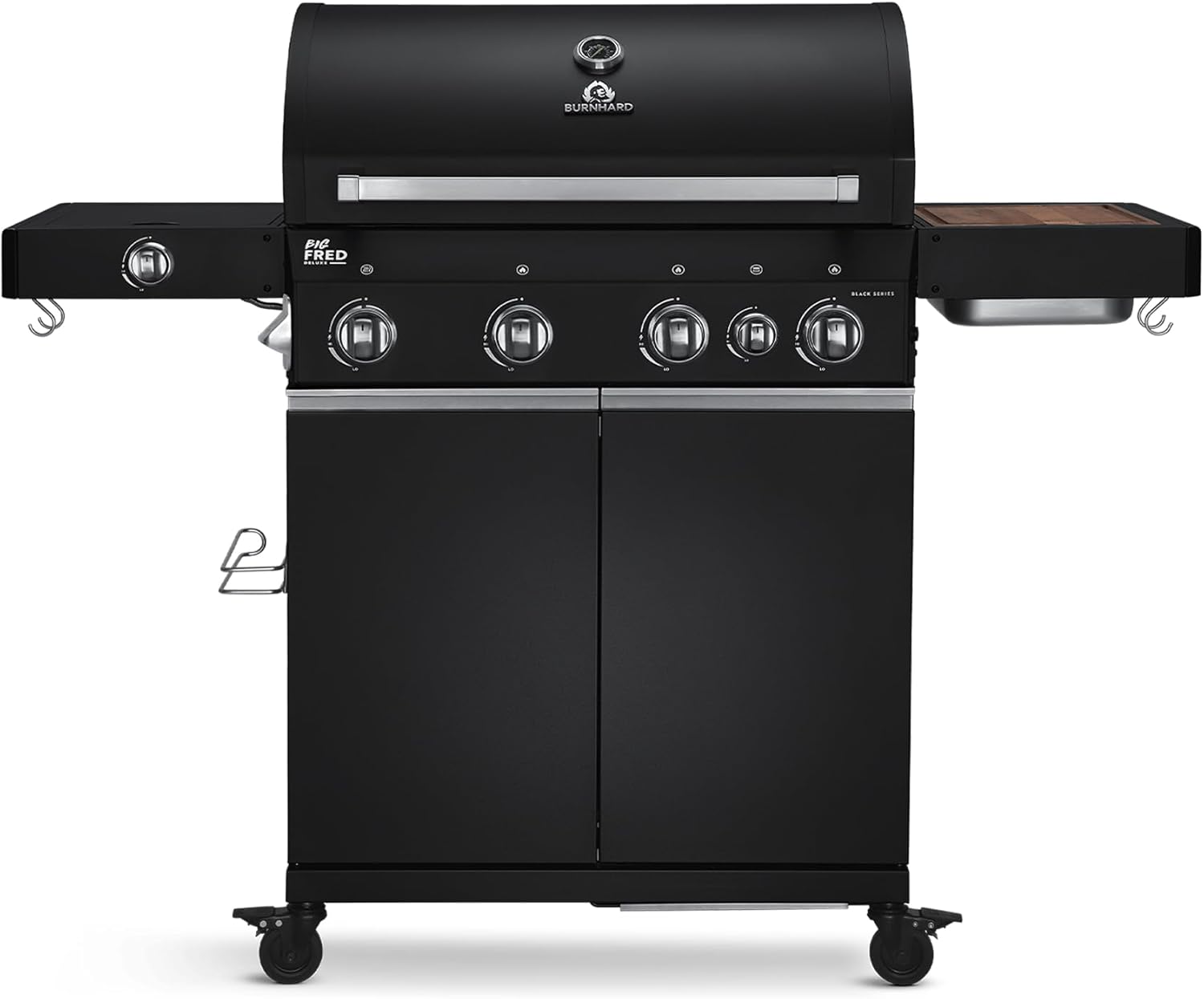 BURNHARD® Gasgrill 4-Brenner inkl. BACKBURNER, 900°C Infrarot-Keramikbrenner, Seitenkochfeld, Edelstahl-Grillrost, Grillabdeckung, Grillwagen, klappbare Seitentische, Schwarz – Big FRED Deluxe