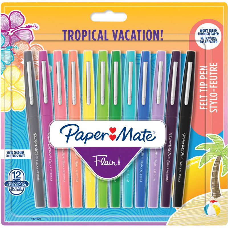 Stylo feutre Paper Mate Flair Tropical écriture moyenne - Pochette de 12