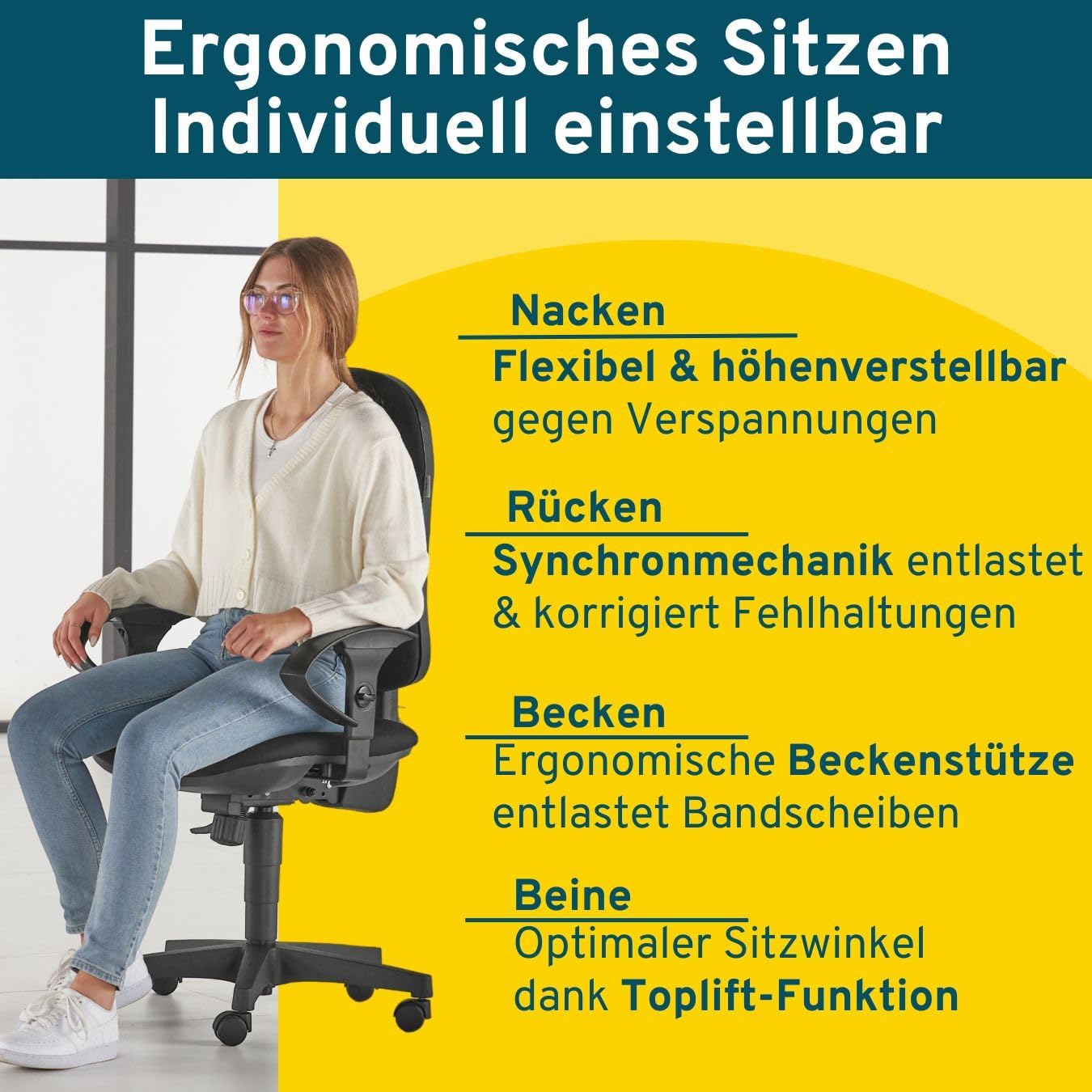 SCHÄFER SHOP Bürostuhl mit Armlehnen, Arbeitsstuhl, ergonomischer Schreibtischstuhl, schwarz, Drehstuhl mit Rollen, Office/Desk/Gaming Chair, 110 kg belastbar, fürs Arbeitszimmer, Homeoffice