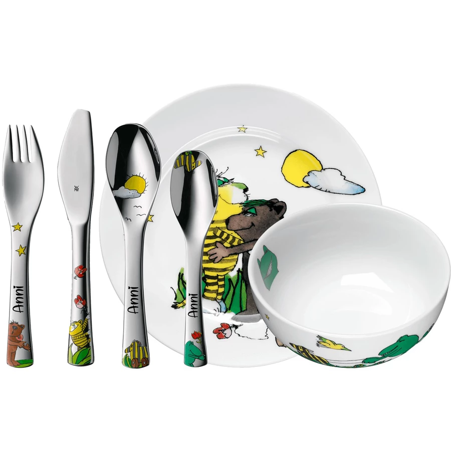 Schnullireich Geschenkset mit Namen Janosch: WMF Kinderbesteck + TellerSchale+ Lätzchen Silber