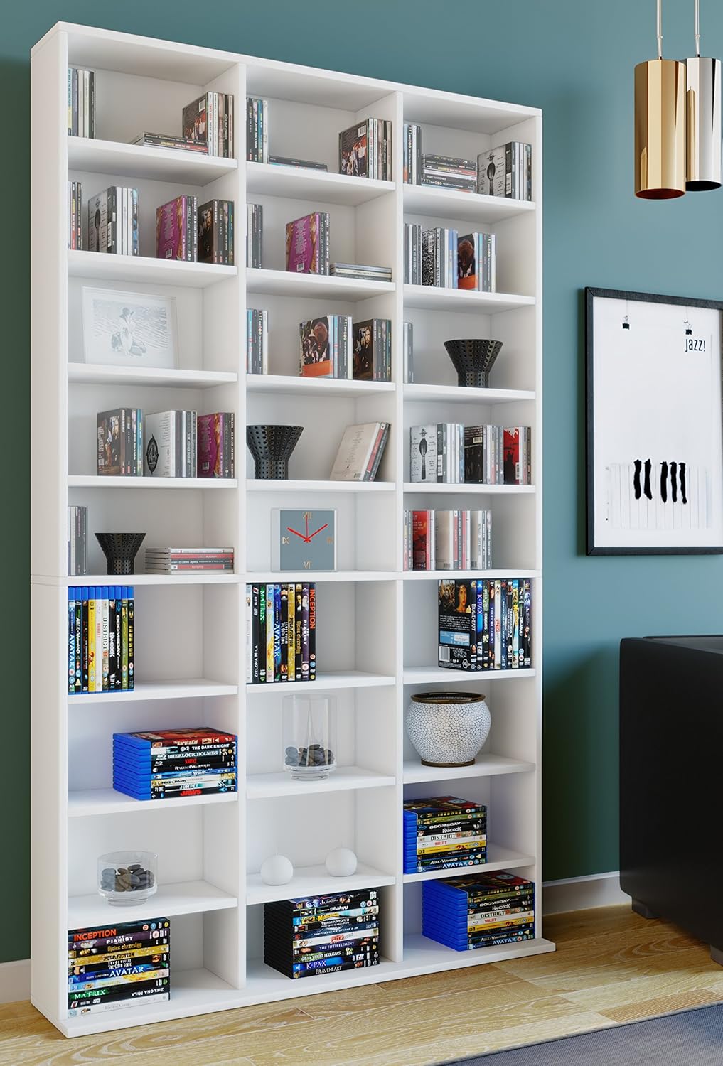 VCM Holzregal stehend | platzsparender CD-Schrank für 1080 CDs oder 504 DVDs | Maße: H. 181 x B. 102 x T. 23 cm | Elegantes DVD Regal stehend | Blu-Ray Regal | CD Regal Megosa XL
