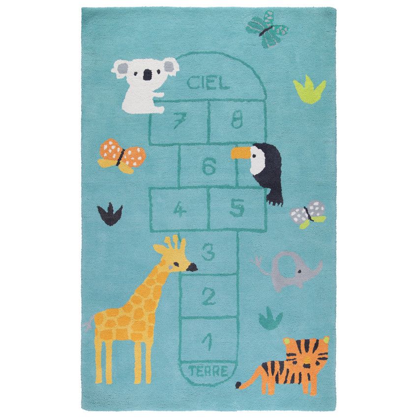 Tapis de chambre tufté imprimé marelle et animaux - Ecru