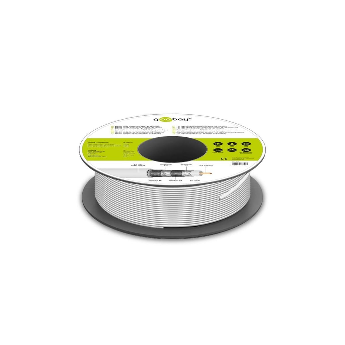 Goobay 120 dB koaksial antennekabel, 4x skjermet, CCS, hvit