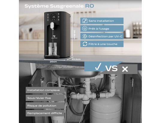 SUSGREENABLE - Distributeur d'eau Osmoseur inverse sans installation uv tds noir sgiwdr03-b