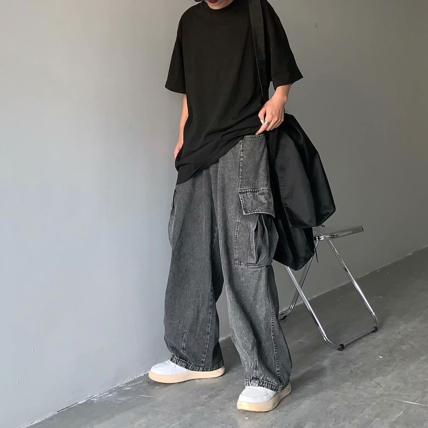 Nikoflin - Mid Rise Washed Wide Leg Cargo Jeans