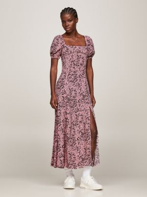 Vestido longo com estampa animal e mangas bufantes