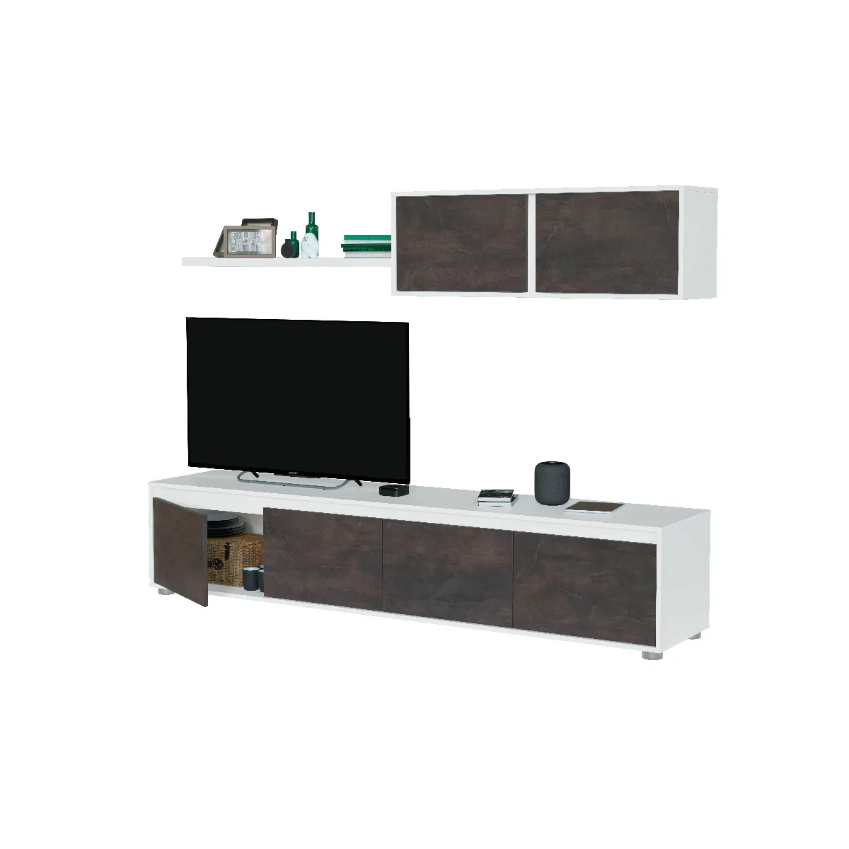 Alter Meuble TV 4 portes avec élément mural - Marron foncé et blanc