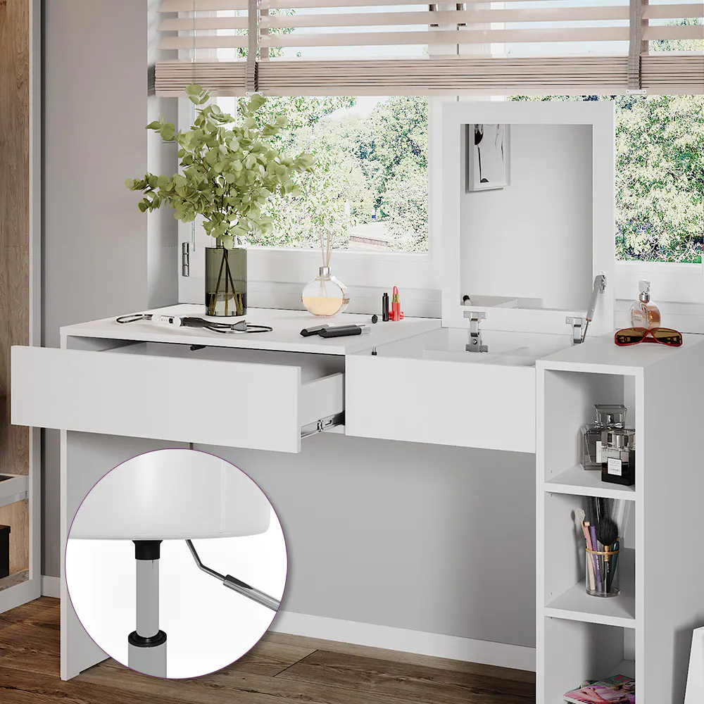 Vicco Schminktisch Kira, 129 x 76 cm, Weiß, Frisiertisch inkl. Spiegel und Hocker, modern