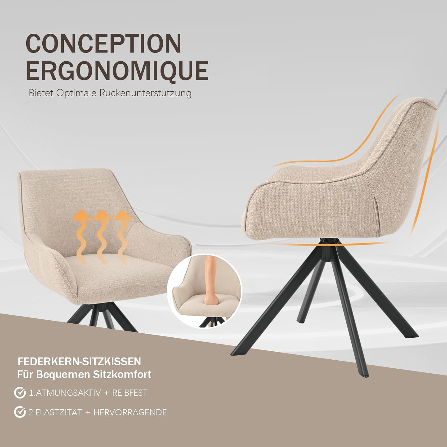 Esszimmerstühle Drehbar 2er Set mit Armlehne – 360°Drehbar Polsterstuhl Leinen Modern Drehstuhl Küchenstuhl mit Metallgestell und Rückenlehne für Esszimmer, Wohnzimmer, Büro, Beige