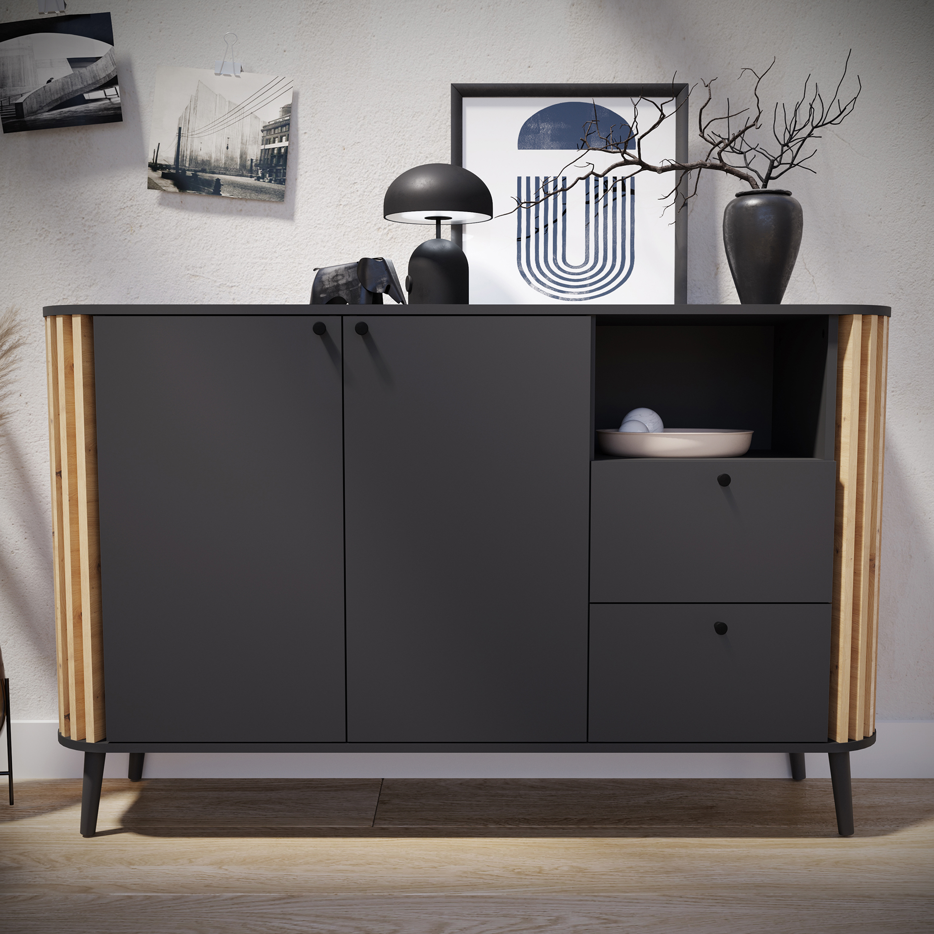 Sideboard PURE - grau - Artisan Eiche - 138 cm breit