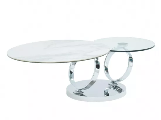 Table basse avec plateaux pivotants - Céramique, verre trempé et métal - Effet marbre blanc - JOLINE de Maison Céphy