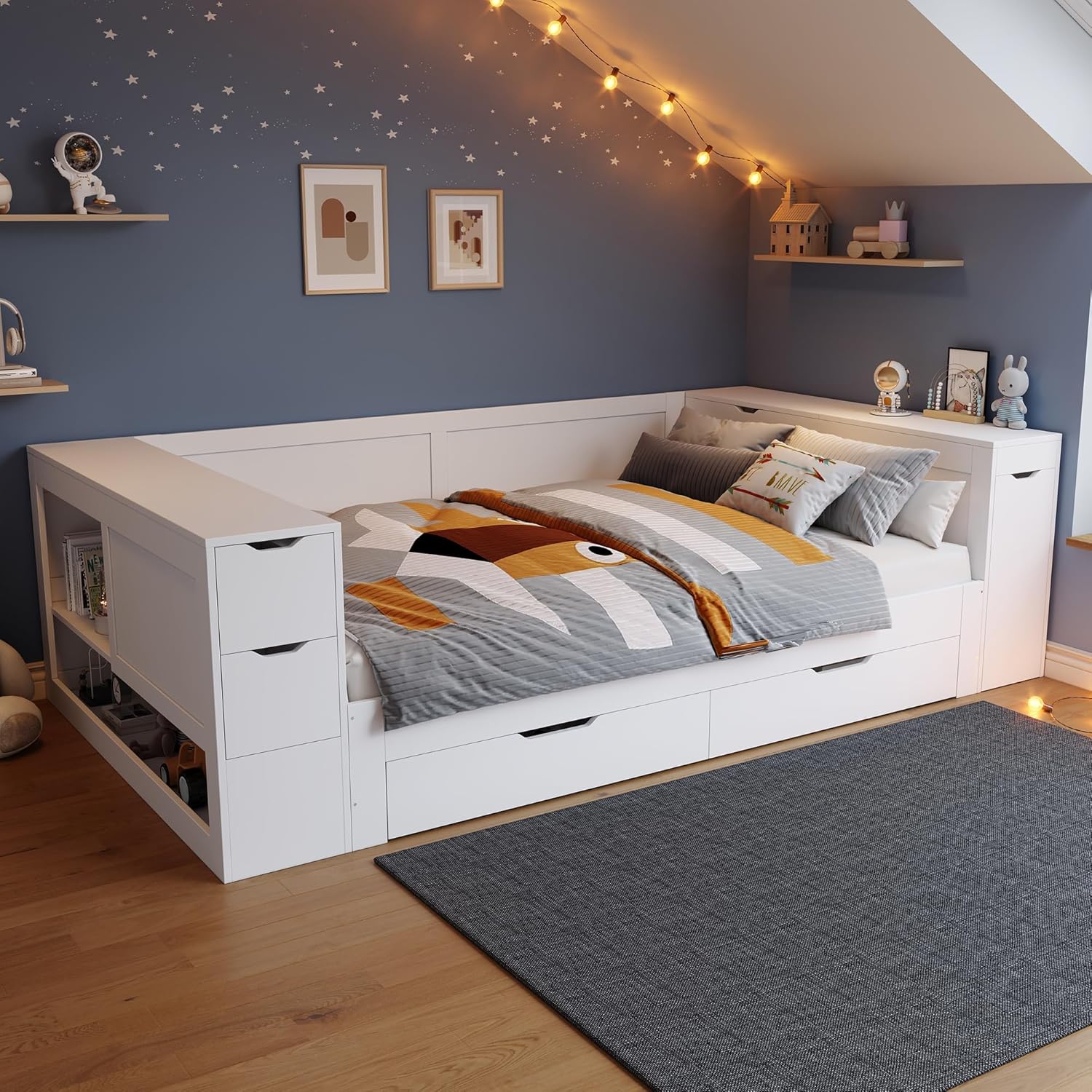 Kinderbett 140x200 cm, Doppelbett mit Regalen und Stauschrank, Stauraumbett mit Schubladen, Bettkasten mit Nachttischen, für Erwachsene und Jugendliche, Weiß, ohne Matratze