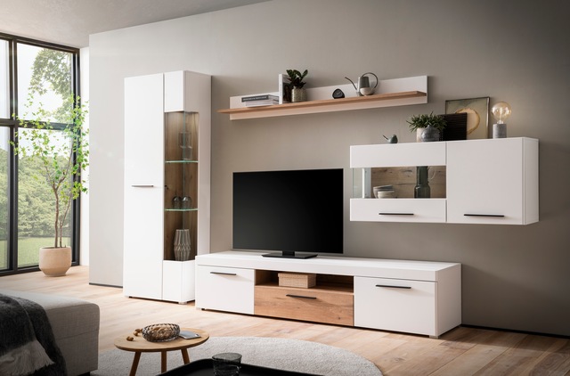 INOSIGN Hängevitrine »Salerno Hängeschrank, Glasvitrine, Weiss mit Eiche Evoke Dekor, modern.« Metallgriffe, ausreichend Stauraum, vielseitig einsetzbar, 120cm breit