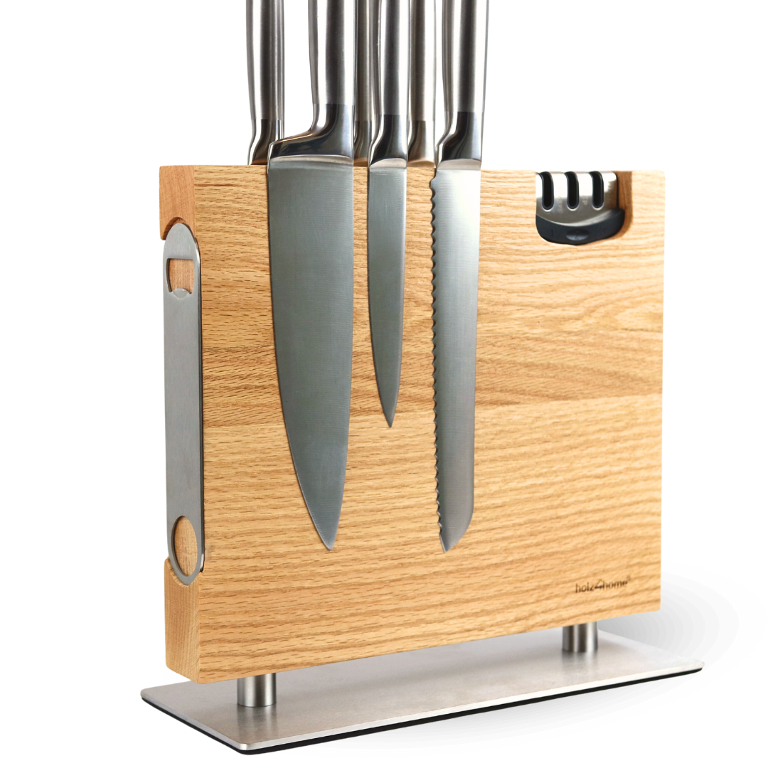 holz4home® Magnetischer Messerblock aus Eichenholz - inkl. Flaschenöffner & Messerschärfer