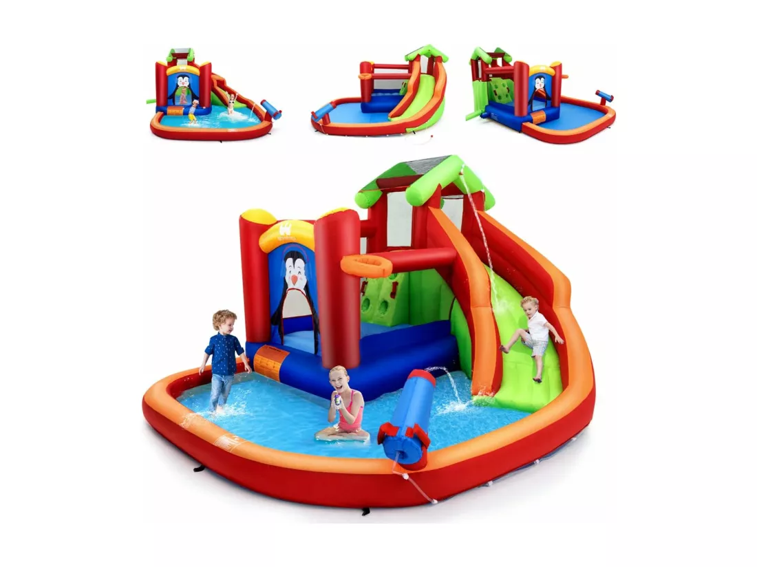 Château Gonflable avec Toboggans Aquatiques, Aire de Jeux Gonflable Piscine avec Motif de Boisgouin, Canon à Eau, Panier de Basket-Ball 3 à 10 Ans Rouge Sans Souffleur 680W