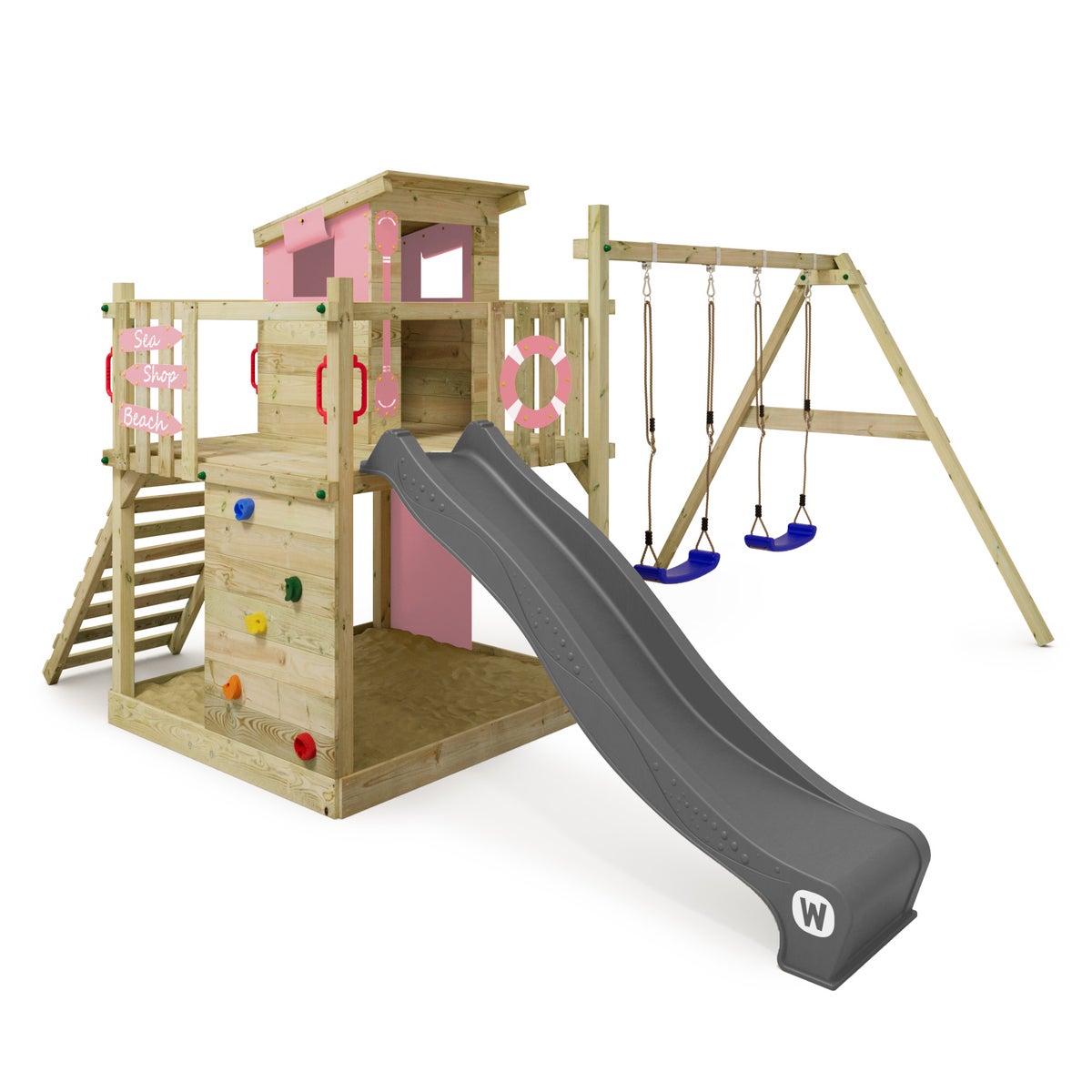 WICKEY Smart Camp speeltoren klimtoestel met schommel en glijbaan, boomhut met zandbak, klimladder en speelaccessoires – antraciet