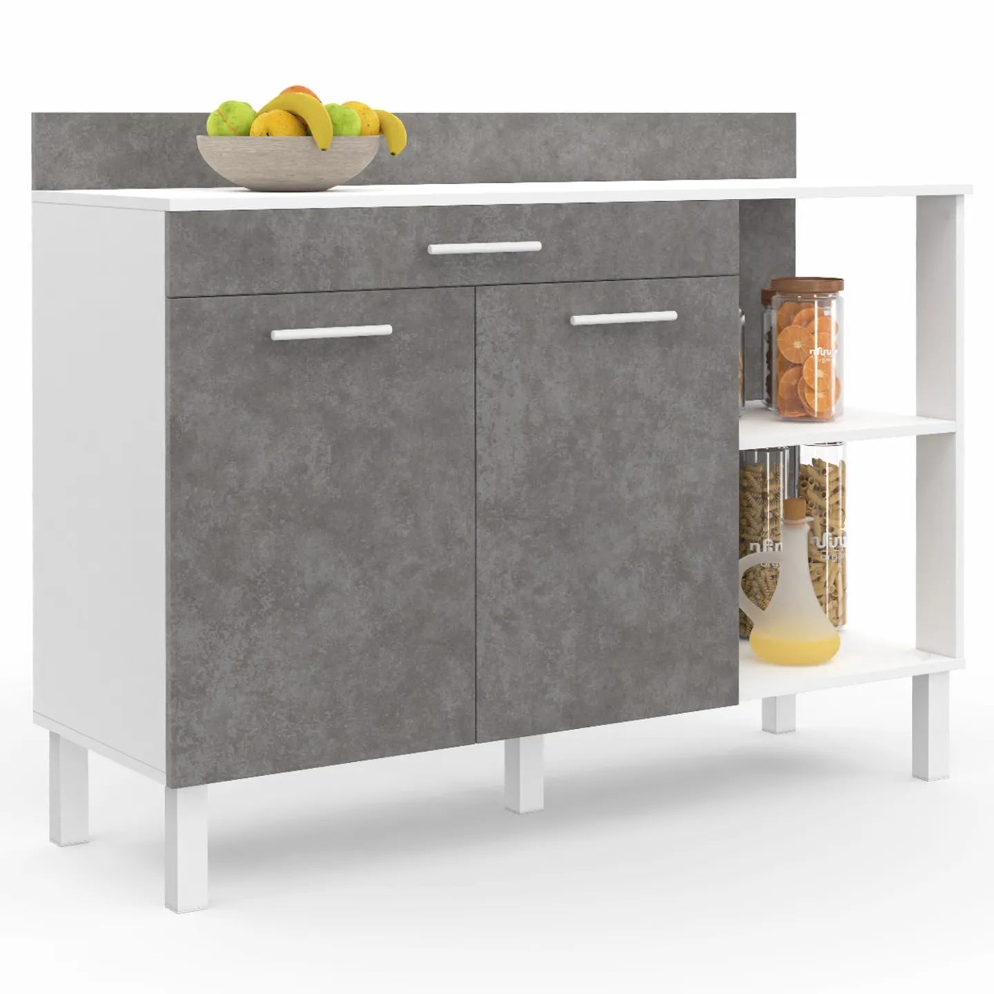 Buffet bas de cuisine 120 cm CINA plan de travail H.83 cm 2 portes + tiroir blanc et effet béton