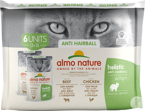 Almo Nature MultiPack Holistic Anti-Hairball Boeuf Et Poulet Pour Chat Adulte 6x70g