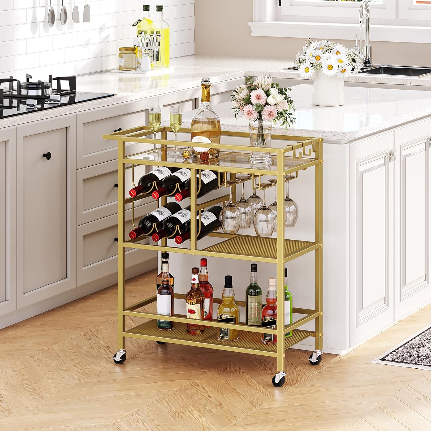 Chariot Ménager, Desserte de Service Roulant à 3 Niveaux avec Poignée, Chariot à Boissons avec Porte-Verres et Porte-Bouteilles, pour Cuisine, Salle à Manger, Or ARCJ61B01 VC1677150