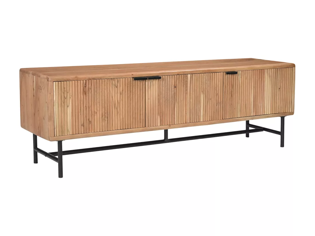 Meuble TV avec 3 portes en bois d'acacia et métal noir - Naturel clair - ALEVIA