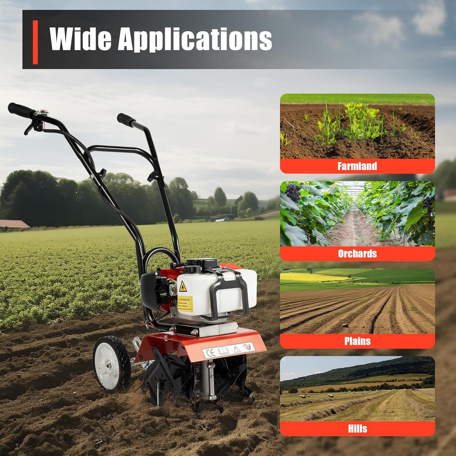 Gartenfräse Benzin Motorhacke 2 Takt Bodenhacke Gas Garten Kultivator 3-10cm Arbeitstiefe 35cm Arbeitsbreite 6500-7000r/min 1900W