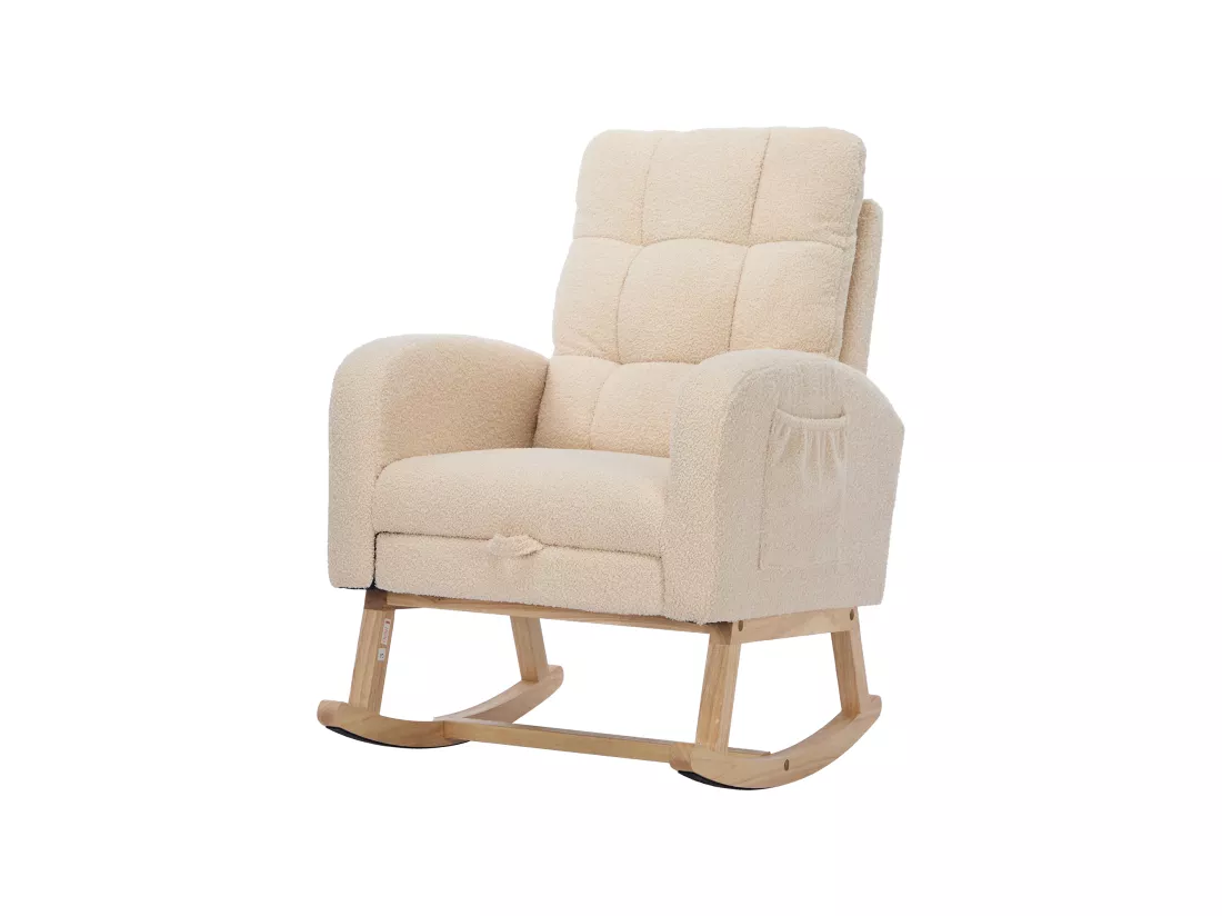 Fauteuil à bascule en velours teddy avec repose-pièds et accoudoirs - 132 x 50 x 99 cm - Structure en bois massif - Beige