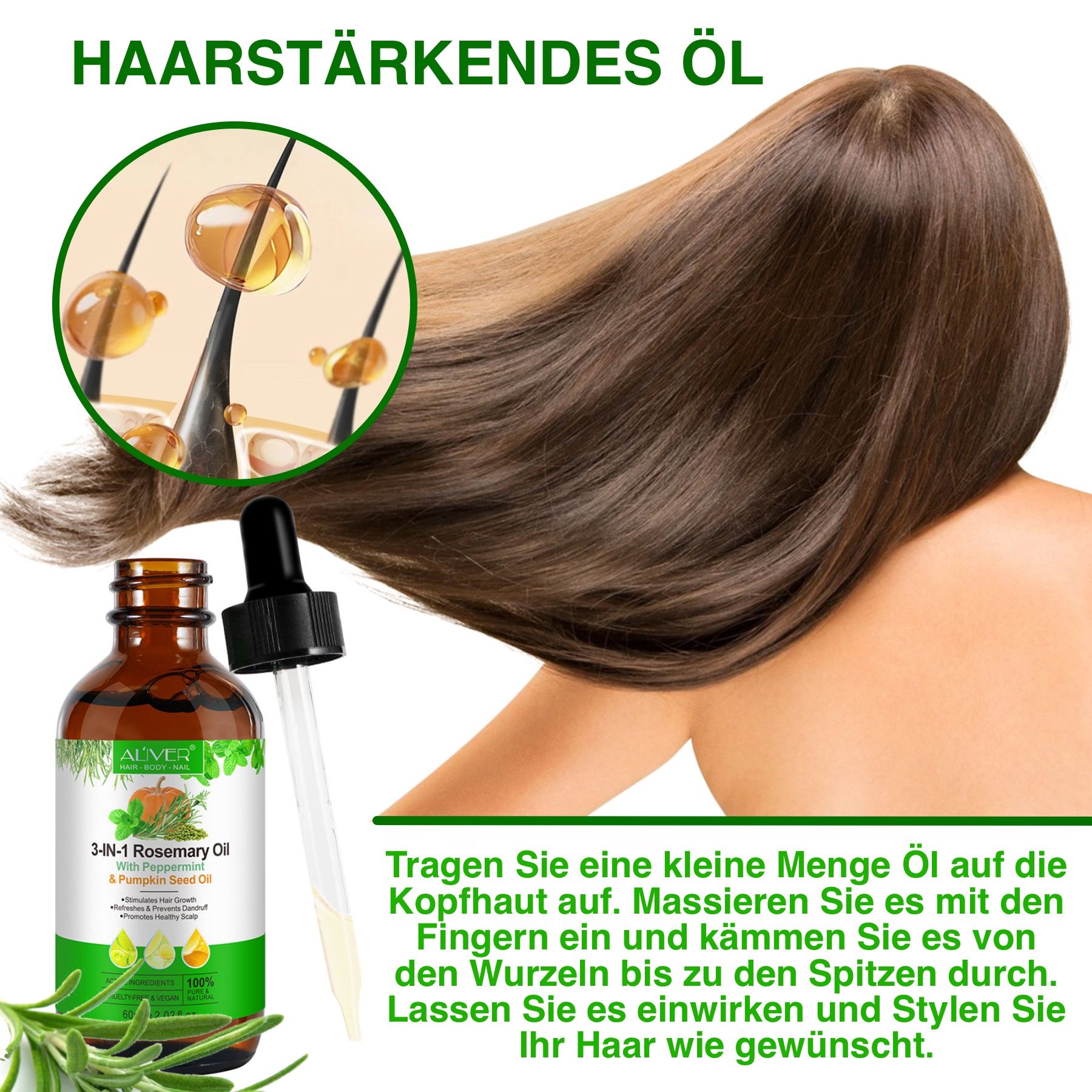 ALIVER 3-in-1 Rosmarinöl Pfefferminz Kürbiskern Haaröl für Haarwachstum