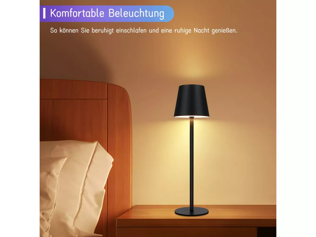 Nettlife Lampe de chevet sans fil, LED RGB 2600mAh, lampe de table extérieur rechargeable, tactile, dimmable, noire, TYPE-C/USB