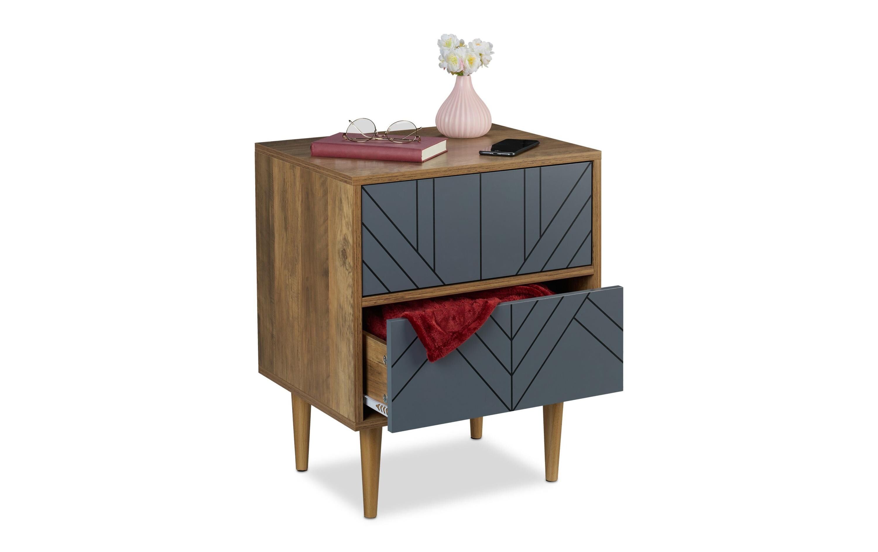 Nachttisch mit 2 Schubladen 60 x 48 cm, Grau/NatureNachtschrank