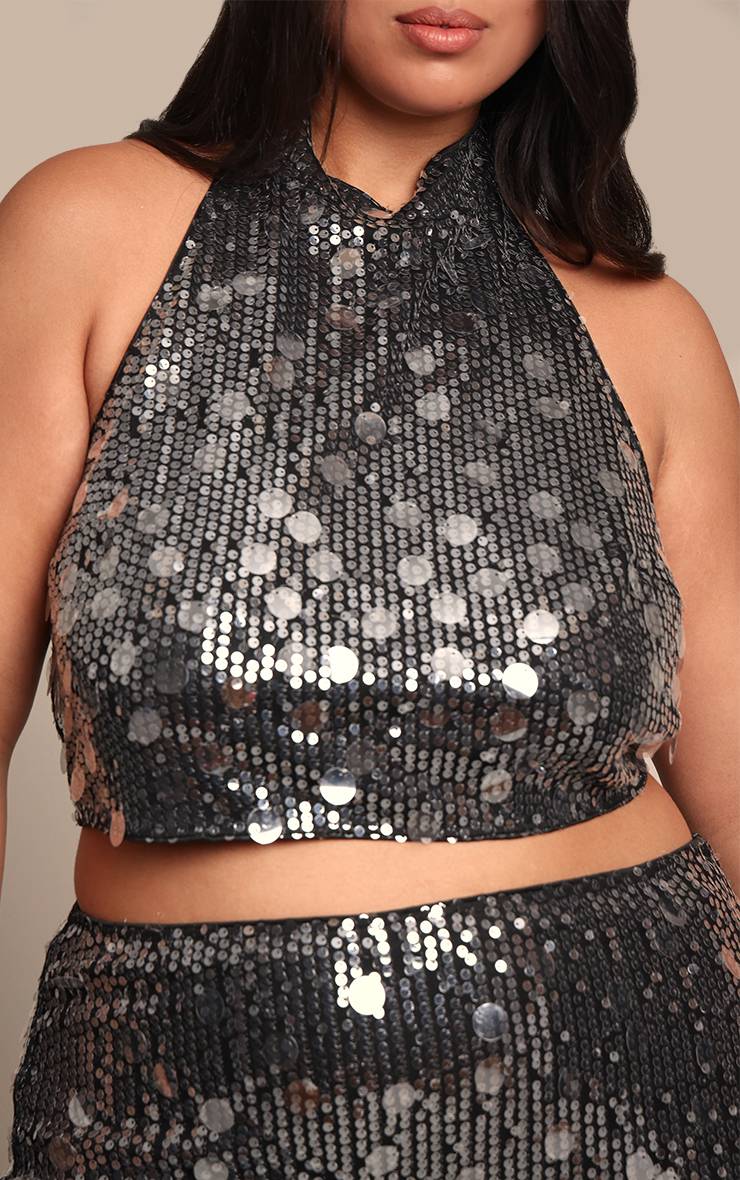 Noir Top Court Grande Taille À Col Montant Dos Échancré Et Sequins Ensemble Coordonné
