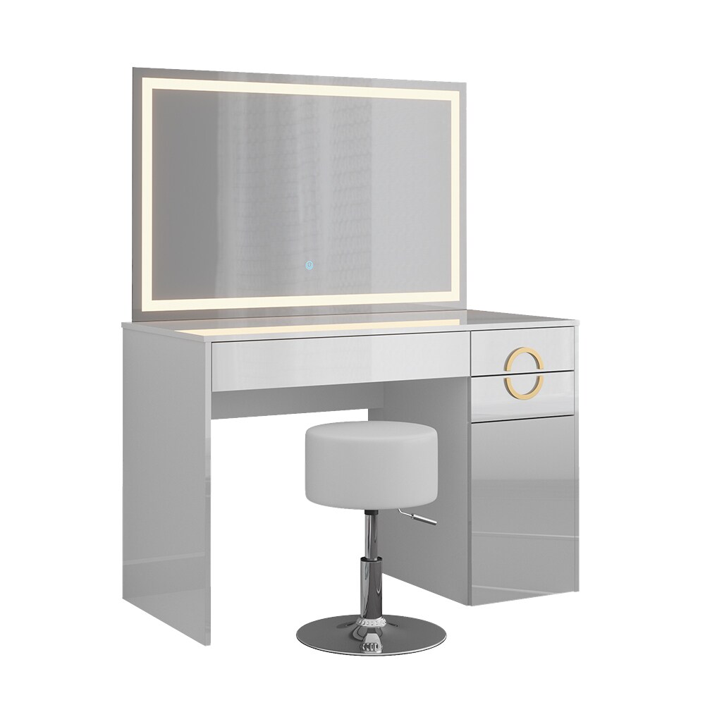 Vicco Schminktisch Adela Weiß Hochglanz, 115 x 76,4 cm mit LED-Spiegel, Hocker