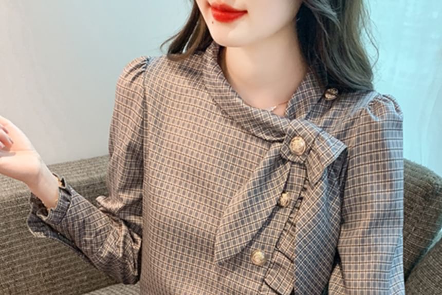 Dragan Pulse - Blouse met lange mouwen en linthals en ruitmotief
