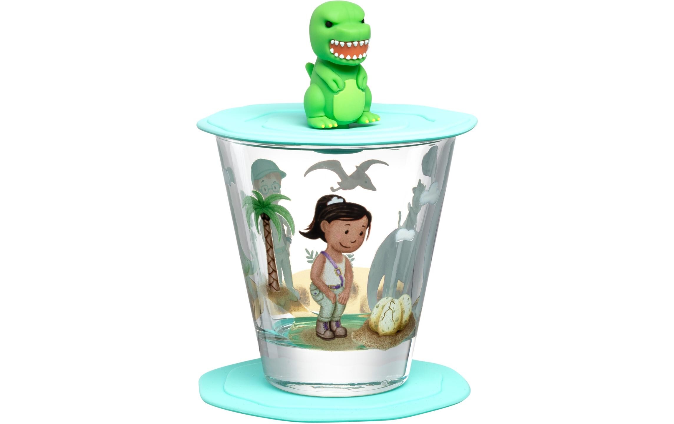 Kindertrinkglas Avventura 215 ml, 3-teilig, DinosaurierTrinkglas für Kinder mit Deckel und Untersetzer