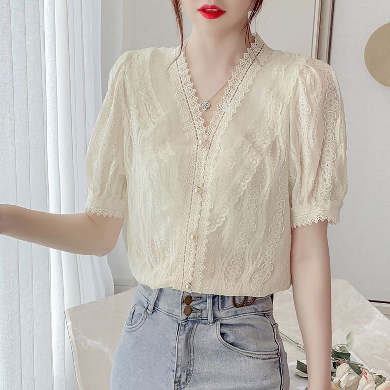Sienne - Kanten blouse met pofmouwen